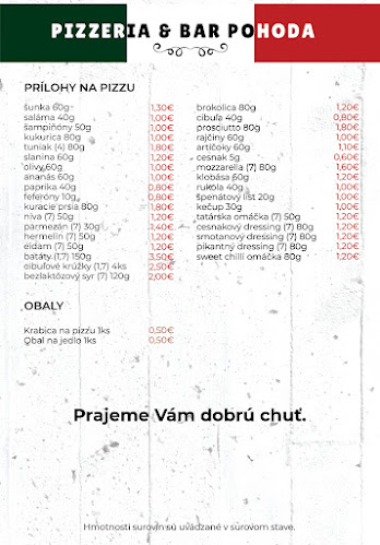 Opinii despre Pizzeria & bar Pohoda în Horňany - Gastronómia a pohostinstvo